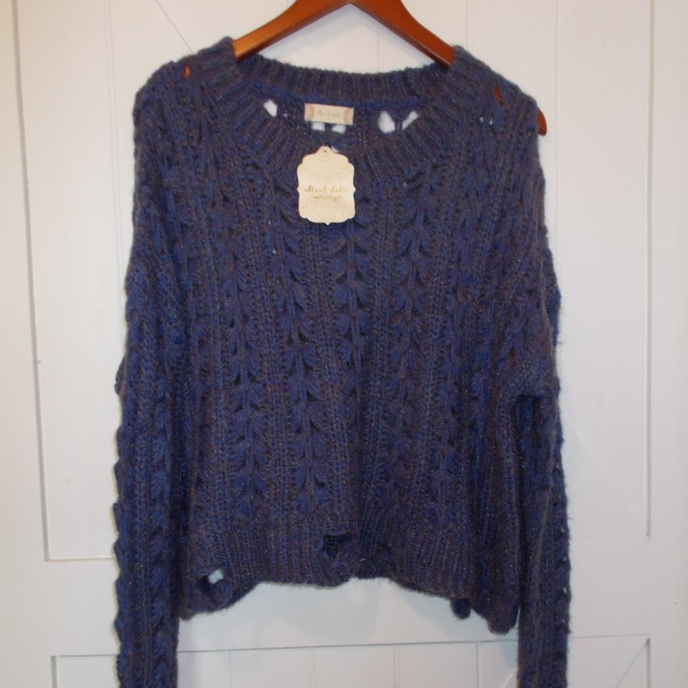NWT Altar'd State Cropped Distressed Knit Pullover Sweater Women's Size S Cobalt